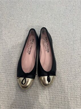 Paul Mayer Black Leather Ballet Flats with Gold Toe